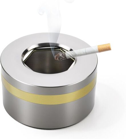 منفضة سجائر السيارة المصنوعة من الفولاذ المقاوم للصدأ مقاومة للرياح بدون رائحة - حامل أكواب مناسب مع غطاء دوار للسفر في السيارة (فضي لامع طويل القامة) in Kuwait