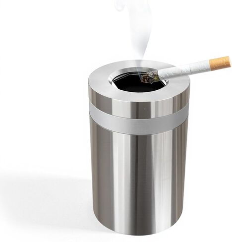 منفضة سجائر السيارة المصنوعة من الفولاذ المقاوم للصدأ مقاومة للرياح بدون رائحة - حامل أكواب مناسب مع غطاء دوار للسفر في السيارة (فضي لامع طويل القامة) in Kuwait