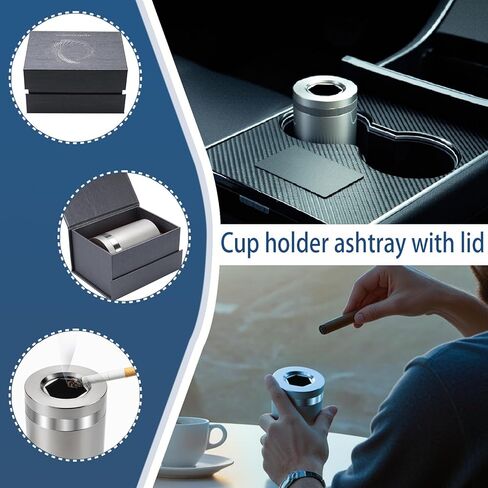 منفضة سجائر السيارة المصنوعة من الفولاذ المقاوم للصدأ مقاومة للرياح بدون رائحة - حامل أكواب مناسب مع غطاء دوار للسفر في السيارة (فضي لامع طويل القامة) in Kuwait
