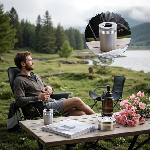 منفضة سجائر السيارة المصنوعة من الفولاذ المقاوم للصدأ مقاومة للرياح بدون رائحة - حامل أكواب مناسب مع غطاء دوار للسفر في السيارة (فضي لامع طويل القامة) in Kuwait