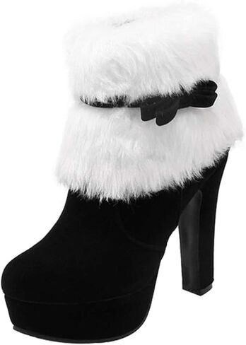 Women's Winter Fur Ankle Boots Christmas Boots,Bow Decor Side Zipper Fur Closure Chunky High Heel Santa Boots Snow Boots in Saudi Arabia