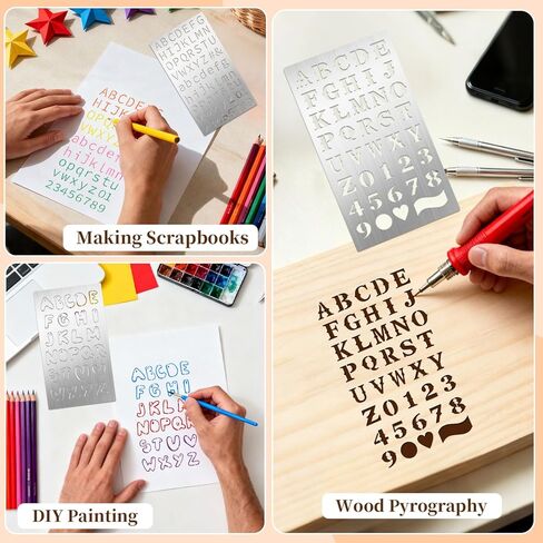 Eageus 8 Pcs Metal Letter Stencils Wood Burning Stencil Lettering Stencils, Small Reusable Alphabet Painting Template for Carving Drawing Engraving Journal Pyrography Craft(Letter Style) in Kuwait