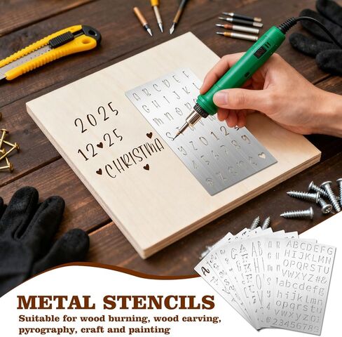 Eageus 8 Pcs Metal Letter Stencils Wood Burning Stencil Lettering Stencils, Small Reusable Alphabet Painting Template for Carving Drawing Engraving Journal Pyrography Craft(Letter Style) in Kuwait