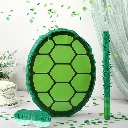 4 Pcs Green Turtle Piñata Birthday Decorations 12.6 x 3.1'' Turtle Pinata Party Favors Set with Batting Stick Eye Mask Blindfold and Confetti for Cartoon Movie Party Decorations Animal Game Props in Saudi Arabia