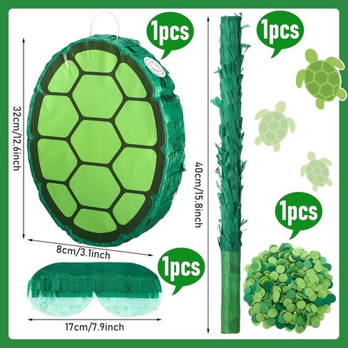 4 Pcs Green Turtle Piñata Birthday Decorations 12.6 x 3.1'' Turtle Pinata Party Favors Set with Batting Stick Eye Mask Blindfold and Confetti for Cartoon Movie Party Decorations Animal Game Props in Saudi Arabia
