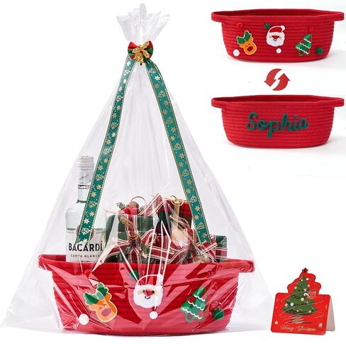 InfiBay Christmas Baskets for Gifts Empty, Christmas Gift Basket, Woven Rope Green Basket with Handle, Ribbon, Row Decor, Personalized Name Cotton Rope, Xmas Holiday Gifts Storage Baskets Decorations in Saudi Arabia