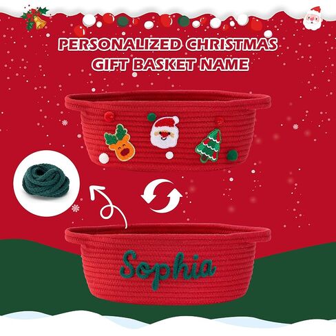 InfiBay Christmas Baskets for Gifts Empty, Christmas Gift Basket, Woven Rope Green Basket with Handle, Ribbon, Row Decor, Personalized Name Cotton Rope, Xmas Holiday Gifts Storage Baskets Decorations in Saudi Arabia