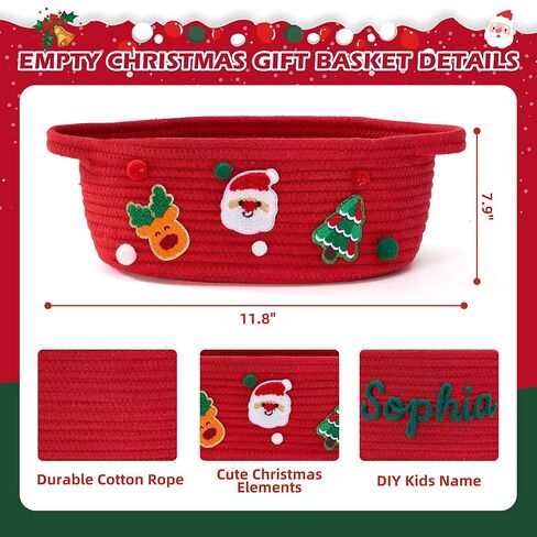 InfiBay Christmas Baskets for Gifts Empty, Christmas Gift Basket, Woven Rope Green Basket with Handle, Ribbon, Row Decor, Personalized Name Cotton Rope, Xmas Holiday Gifts Storage Baskets Decorations in Saudi Arabia