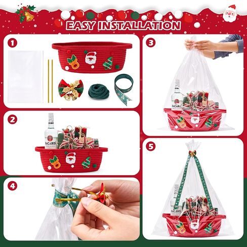 InfiBay Christmas Baskets for Gifts Empty, Christmas Gift Basket, Woven Rope Green Basket with Handle, Ribbon, Row Decor, Personalized Name Cotton Rope, Xmas Holiday Gifts Storage Baskets Decorations in Saudi Arabia
