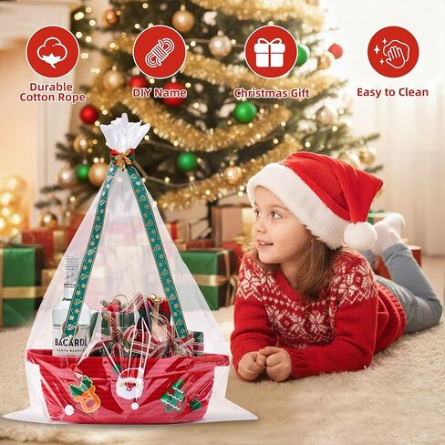 InfiBay Christmas Baskets for Gifts Empty, Christmas Gift Basket, Woven Rope Green Basket with Handle, Ribbon, Row Decor, Personalized Name Cotton Rope, Xmas Holiday Gifts Storage Baskets Decorations in Saudi Arabia