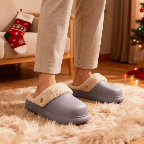 شباشب نسائية مقاومة للماء للاستخدام في الهواء الطلق، قباقيب حديقة شتوية مبطنة بالصوف غير قابلة للانزلاق، أحذية منزلية مريحة ودافئة للاستخدام في الأماكن المغلقة والمفتوحة in Kuwait