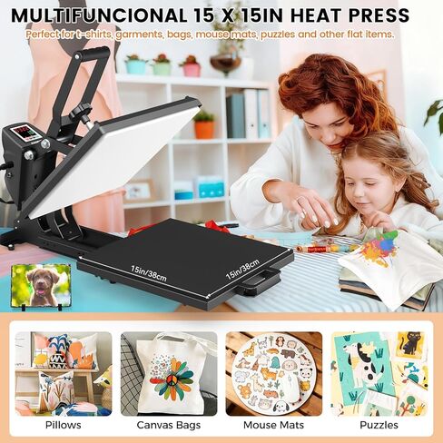 Whubefy Upgraded Heat Press 15x15 Slide Out, Industrial-Quality Digital Sublimation Heat Transfer Machine w/5 DTF Transfer Sheets, Clamshell Heat Press Machine for T-Shirts, Bags, Mouse Pads & More in Saudi Arabia