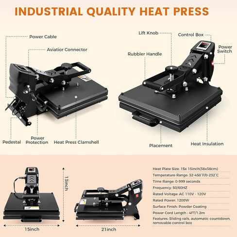 Whubefy Upgraded Heat Press 15x15 Slide Out, Industrial-Quality Digital Sublimation Heat Transfer Machine w/5 DTF Transfer Sheets, Clamshell Heat Press Machine for T-Shirts, Bags, Mouse Pads & More in Saudi Arabia