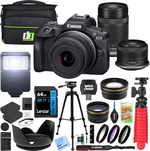 هيكل كاميرا Canon EOS R100 بدون مرآة مع RF-S مقاس 18-45 مم F4.5-6.3 عبارة عن حزمة عدسة STM 6052C012 مع حقيبة تصوير Deco Gear + 2 بطارية + حامل ثلاثي القوائم + مرشحات + عدسات زاوية واسعة وعدسات تليفوتوغرافي والمزيد in Kuwait