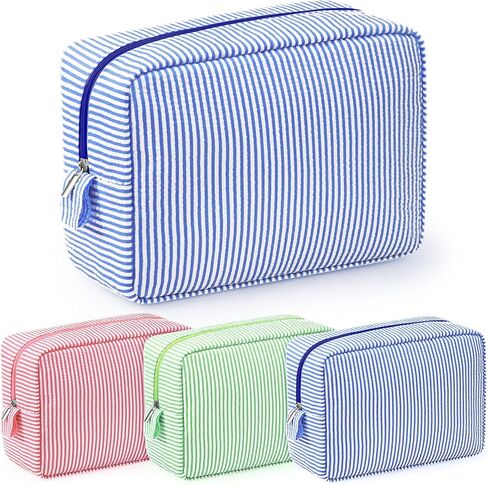 Sanwuta 3 Pack Seersucker Makeup Bag Gifts for Christmas Women Girls Preppy Birthday Gifts Idea for Teenage Travel Bag Pink Bule Stripe Cute Cosmetic Bag Pouch Toiletry Bag for Women Friend Teacher in Kuwait