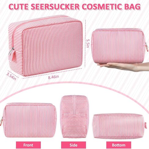 Sanwuta 3 Pack Seersucker Makeup Bag Gifts for Christmas Women Girls Preppy Birthday Gifts Idea for Teenage Travel Bag Pink Bule Stripe Cute Cosmetic Bag Pouch Toiletry Bag for Women Friend Teacher in Kuwait