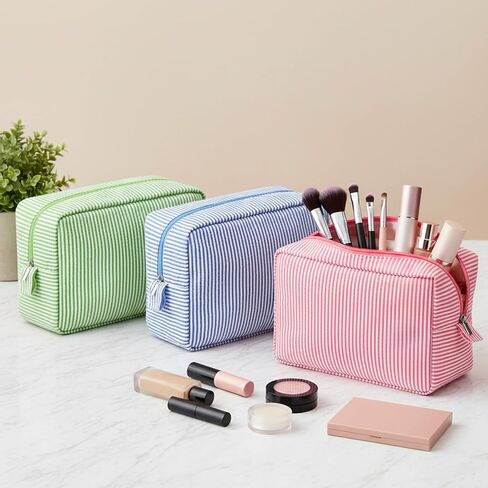 Sanwuta 3 Pack Seersucker Makeup Bag Gifts for Christmas Women Girls Preppy Birthday Gifts Idea for Teenage Travel Bag Pink Bule Stripe Cute Cosmetic Bag Pouch Toiletry Bag for Women Friend Teacher in Kuwait