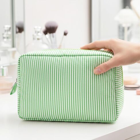 Sanwuta 3 Pack Seersucker Makeup Bag Gifts for Christmas Women Girls Preppy Birthday Gifts Idea for Teenage Travel Bag Pink Bule Stripe Cute Cosmetic Bag Pouch Toiletry Bag for Women Friend Teacher in Kuwait