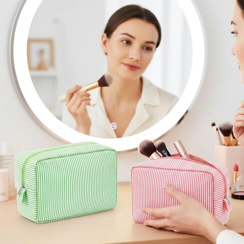 Sanwuta 3 Pack Seersucker Makeup Bag Gifts for Christmas Women Girls Preppy Birthday Gifts Idea for Teenage Travel Bag Pink Bule Stripe Cute Cosmetic Bag Pouch Toiletry Bag for Women Friend Teacher in Kuwait