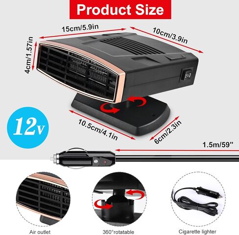 12V Car Heater,Portable Car Heater Plug into Cigarette Lighter 2 in 1 Fast Heating Defrost Defogger 360 °Rotatable Handheld Car Windscreen Defogger Window Defroster (Black Gold) in Saudi Arabia