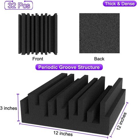 TroyStudio Thick Acoustic Foam Panels, 12 X 12 X 3 Inch 12 Pcs Broadband Sound Absorbing Foam, Dense Soundproof Padding Tile, Recording Studio Foam Absorber, Groove Decorative 3D Wall Ceiling Panel in Saudi Arabia