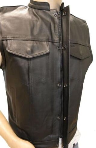 Men Sleeveless Leather Vest With 2Gun 2Chest Pockets Single Back Panel Motorcycle Rider Jacket in Saudi Arabia