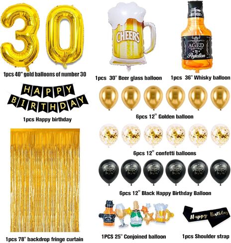 زينة عيد الميلاد الحادي والعشرون له - ديكور عيد الميلاد الحادي والعشرون باللونين الأسود والفضي لها مع لافتة هتاف 21 عامًا وستائر وقصاصات ملونة وبالونات أرقام in Kuwait