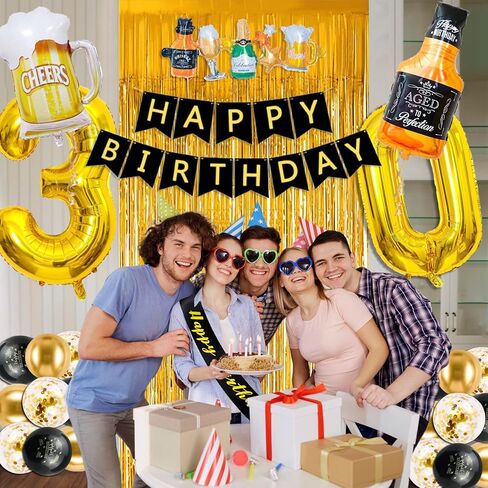 زينة عيد الميلاد الحادي والعشرون له - ديكور عيد الميلاد الحادي والعشرون باللونين الأسود والفضي لها مع لافتة هتاف 21 عامًا وستائر وقصاصات ملونة وبالونات أرقام in Kuwait