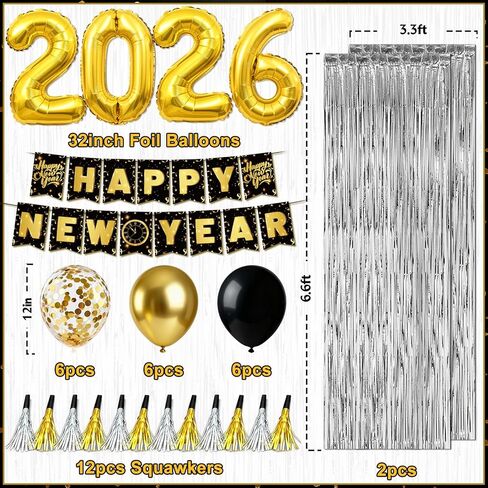 ديكورات العام الجديد 2026، لوازم حفلات رأس السنة الجديدة 2026 مع لافتة رأس السنة الجديدة السعيدة، ستائر ذات هامش فضي مقاس 32 بوصة 2026، قبعات البالونات، نظارات صانعي الضوضاء لديكورات نيويورك 2026 in Saudi Arabia
