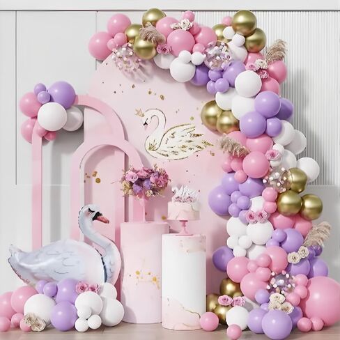 Luxury Balloon Garland Kit – 155 PCS Pastel Pink, Purple & Gold Arch Decoration with Foil Swan – Birthday, Baby Shower, or Girl’s – Complete DIY Kit in Saudi Arabia