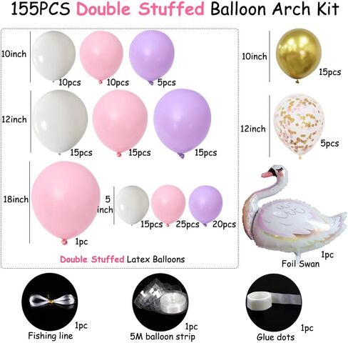Luxury Balloon Garland Kit – 155 PCS Pastel Pink, Purple & Gold Arch Decoration with Foil Swan – Birthday, Baby Shower, or Girl’s – Complete DIY Kit in Saudi Arabia