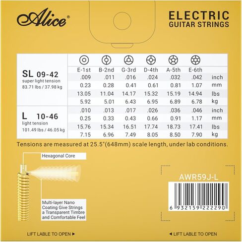 Alice Guitar Strings, Coated Electric Guitar Strings - Gold Polished for Smooth Feel and Warm, Bright Tone, Ball End with String Label - Easy to Install (Regular Light, 10-46) in Saudi Arabia