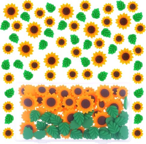 80 PCS Slime Charms Sunflower Charms Assorted Ornament Resin Leaves Sunflower Pin Leaf Resin Charm Flower Buttons Resins Leaves Cute Bulk Mixed Embellishments for Scrapbooking Crafting DIY Decoration in Saudi Arabia