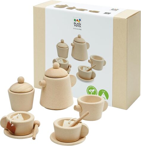 PlanToys Wooden Classic Styled Tea Party Set for a Pretend Play Tea Party (3617) | Sustainably Made from Rubberwood and Non-Toxic Paints and Dyes | Eco-Friendly PlanWood in Saudi Arabia