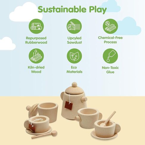 PlanToys Wooden Classic Styled Tea Party Set for a Pretend Play Tea Party (3617) | Sustainably Made from Rubberwood and Non-Toxic Paints and Dyes | Eco-Friendly PlanWood in Saudi Arabia