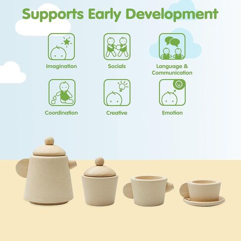 PlanToys Wooden Classic Styled Tea Party Set for a Pretend Play Tea Party (3617) | Sustainably Made from Rubberwood and Non-Toxic Paints and Dyes | Eco-Friendly PlanWood in Saudi Arabia