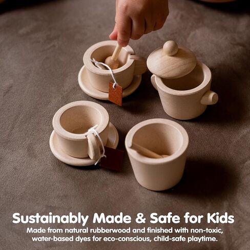 PlanToys Wooden Classic Styled Tea Party Set for a Pretend Play Tea Party (3617) | Sustainably Made from Rubberwood and Non-Toxic Paints and Dyes | Eco-Friendly PlanWood in Saudi Arabia
