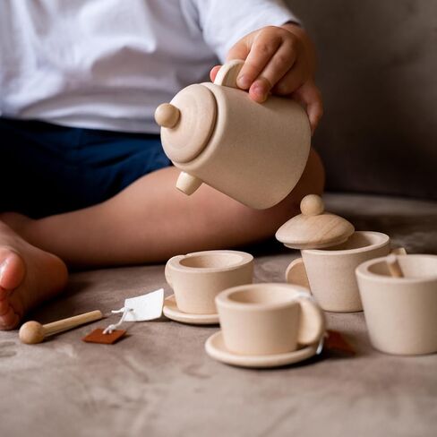 PlanToys Wooden Classic Styled Tea Party Set for a Pretend Play Tea Party (3617) | Sustainably Made from Rubberwood and Non-Toxic Paints and Dyes | Eco-Friendly PlanWood in Saudi Arabia