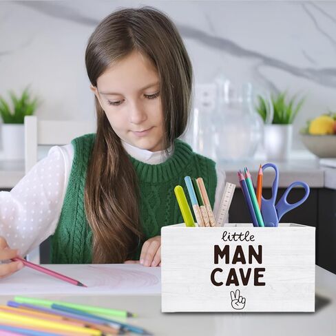 Boy Nursery Decor Pen Holder for Desk, Little Man Cave Pencil Organizer, Modern Black and White Peace Sign Wooden Box Sign Desk Decor for Boys Room Nursery Playroom Decoration in Saudi Arabia