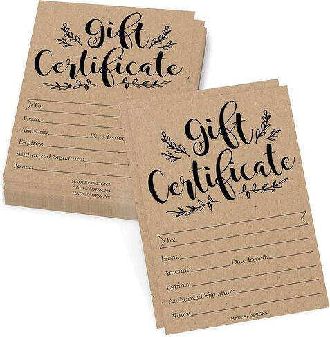 Hadley Designs 25 Blank Gift Certificates for Business – 5x7 Christmas Gift Certificates Cards for Small Business, Holidays, Spa, Massage, Nail & Hair Salon, Restaurant, Coupon Vouchers Made in USA in Saudi Arabia