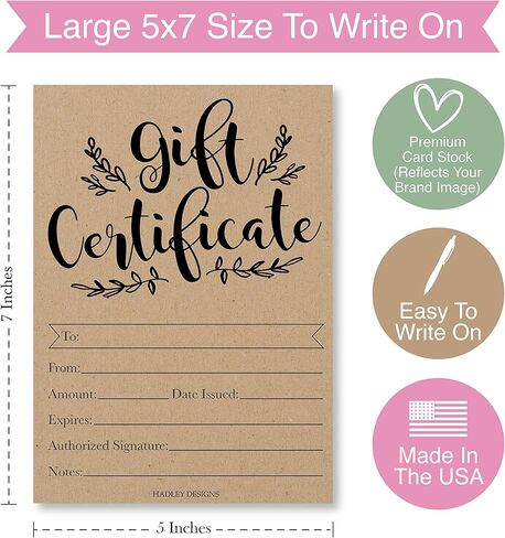 Hadley Designs 25 Blank Gift Certificates for Business – 5x7 Christmas Gift Certificates Cards for Small Business, Holidays, Spa, Massage, Nail & Hair Salon, Restaurant, Coupon Vouchers Made in USA in Saudi Arabia