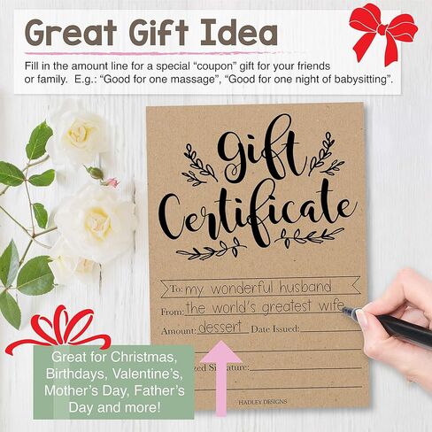 Hadley Designs 25 Blank Gift Certificates for Business – 5x7 Christmas Gift Certificates Cards for Small Business, Holidays, Spa, Massage, Nail & Hair Salon, Restaurant, Coupon Vouchers Made in USA in Saudi Arabia