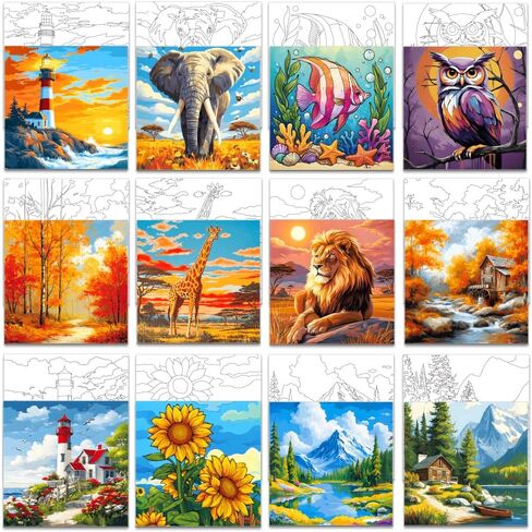 12 قطعة من القماش المرسوم مسبقًا للرسم للبالغين، مجموعة رشفة وطلاء مقاس 8 × 8 بوصة من GLASSWINDS، لوحات فنية قماشية مطبوعة مسبقًا للوحات القماشية مع صور لطلاء مجموعة الحفلات (نمط مختلط) in Kuwait