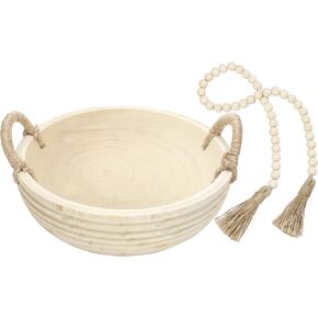 Kathfly Wooden Decorative Bowl Set Paulownia Wood Serving Bowl Natural Rustic Large Dough Bowl for Decor with Wood Bead Garland for Table Centerpieces Home Party Wedding Decor (Horizontal Stripe)