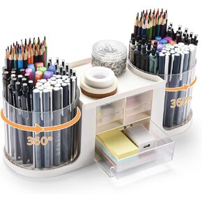 KLIONGO Rotating Desk Organizer with 2 Pen Holder, Desk Organizers and Accessories with 10 Slots Pencil Holder for Desk + 3 Drawer, Art Supply Storage Box Caddy for Office School Home (White)