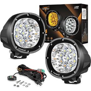 Auxbeam 4 Inch Amber Round LED Driving Light, 2Pcs 90W 9000LM Yellow Fog Pods Light Bar Off-Road Flood Work Energy-Efficient Lights With DT Plug Wiring Harness Kit for Truck Jeep Pickup ATV UTV SUV MC