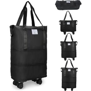 VOOWO Rolling Duffle Bag with Wheels, Expandable Foldable Duffle Bag with Wheels and Handle for Travel, Rolling Luggage bag Carry on Duffel Bag, Wheeled Travel Duffle Bag, Large Weekend Bag (Black)