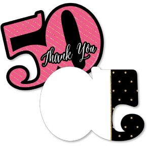 Big Dot of Happiness Chic 50th Birthday - Pink, Black and Gold - Shaped Thank You Cards - Birthday Party Thank You Note Cards with Envelopes - Set of 12