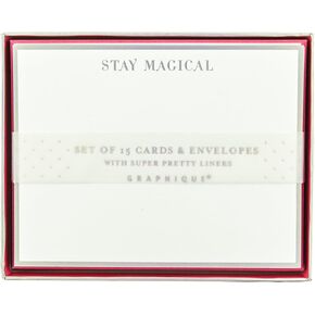 Graphique Flat Notes, “Stay Magical" Design - 15 Special Occasion Sleek Note Cards & Envelopes With Pretty Silver Trim and “Stay Magical" Message, 4.25" x 5.5" (DFN002)