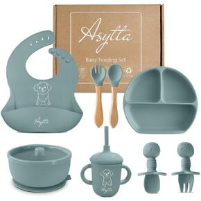 Asytta Silicone Baby Feeding Set- Baby Led Weaning with Food Grade Supplies for Toddlers-Suction Plate with Divider-Suction Bowl-Adjustable Silicone Bib Eating Utensils-Training Sippy Cup (Pink)